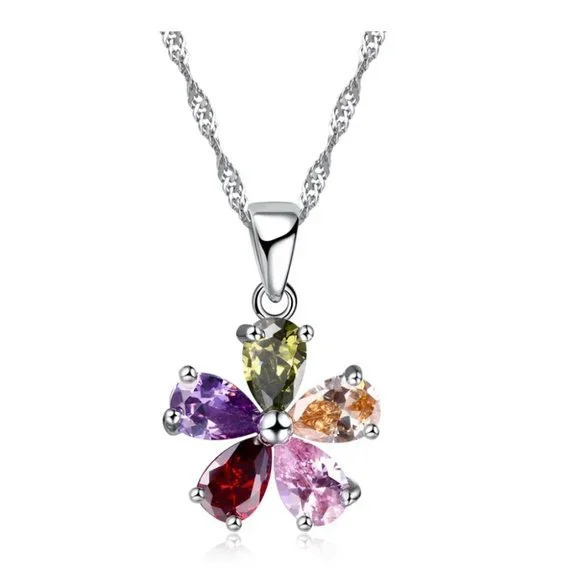 Cute Flower Multi Color 925 Sterling Silver Pendant Earrings And Necklace Set - Picture 8 of 9